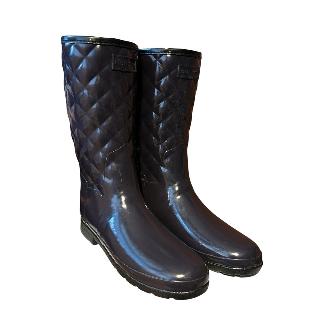 HUNTER Refined Gloss Quilt Short Rain Boots sz 9  Aubergine Goldtone Buckle